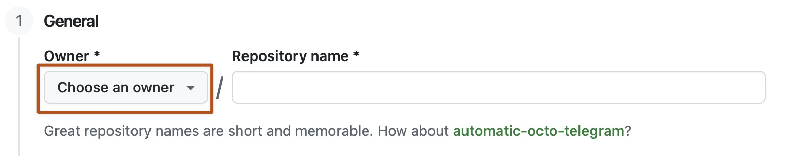 Screenshot of the owner menu for a new GitHub repository. The menu shows two options, octocat and github.